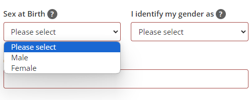 Screenshot showing changes to the sex/gender questions in the registration form