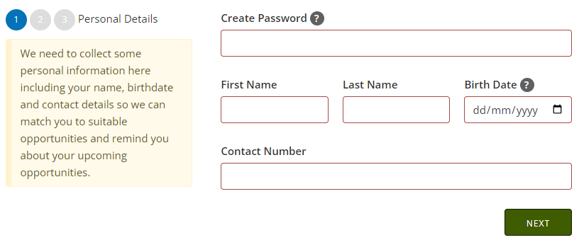 Screenshot showing the volunteer registration form without any gender/sex questions