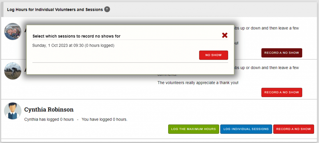 Screenshot showing how users can record a no-show volunteer within TeamKinetic now