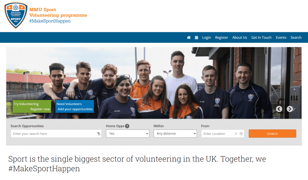 The MMU Volunteering portal homepage