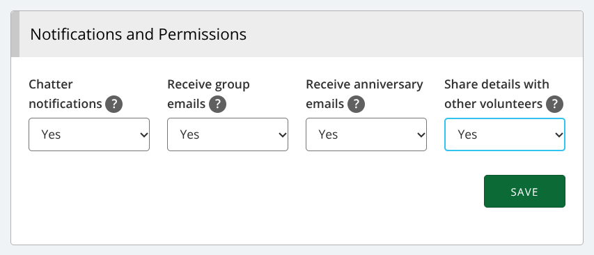 A screenshot of volunteer notification and permission settings within TeamKinetic, one of which alters whether they share their details for the Volunteer Find a Friend feature.