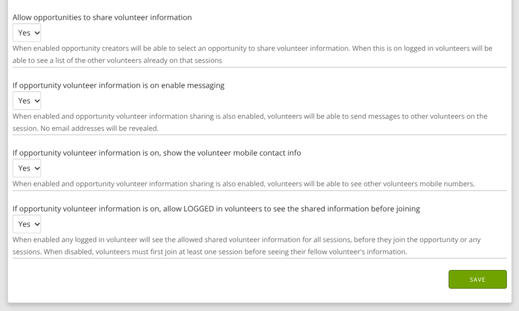 A screenshot of the options within TeamKinetic settings that can alter the Volunteer Find a Friend feature.