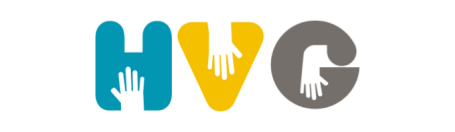 heritage volunteer group logo of the three letters in blue, yellow and grey with hands forming the negative space